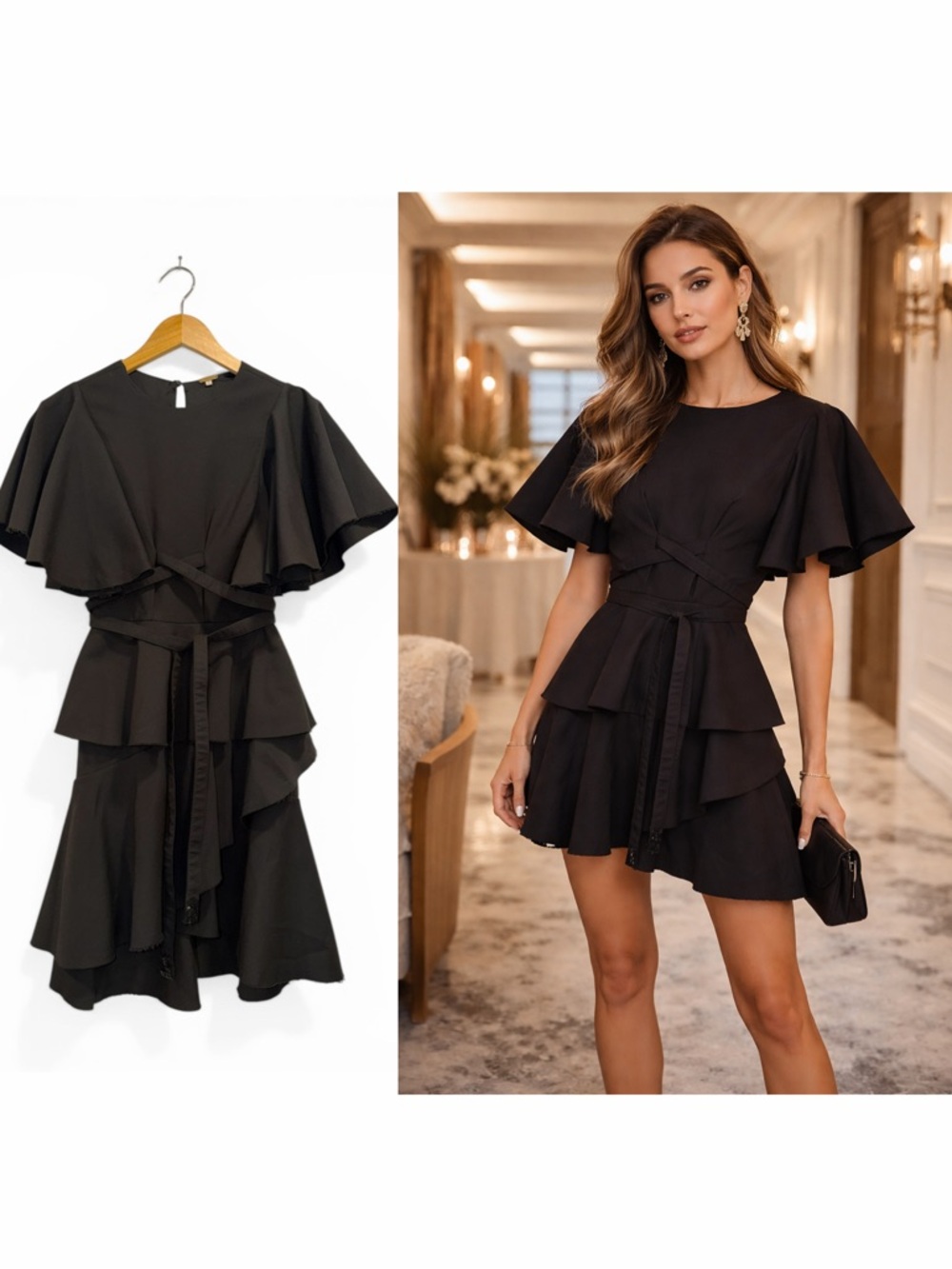 Johanna Ortiz Black Mini Dress Flutter Sleeve Ruffle Belted 0 Cocktail EUC 🟡